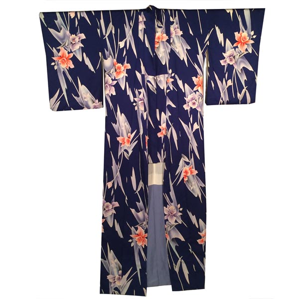 Vintage Japanese Silk Kimono Peach Iris Indigo
