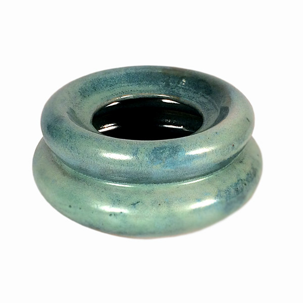 Blue Glazed Ringed Stoneware Bowl Planter Signed