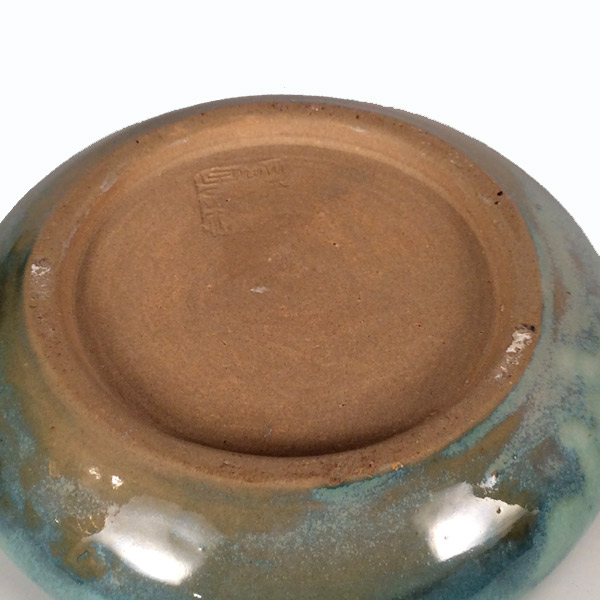 Blue Glazed Ringed Stoneware Bowl Planter Signed