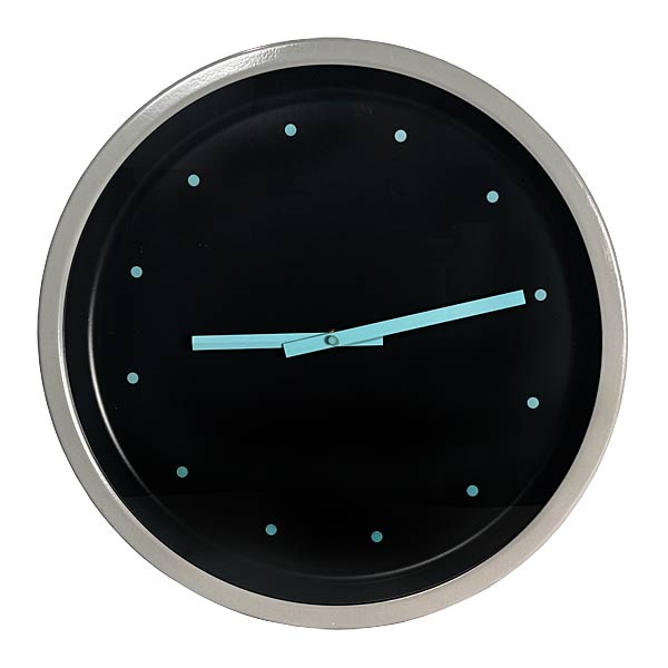 Wall Clock, Black Grey & Blue Metal Enamel, 1980s Postmodern