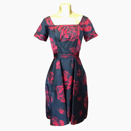 1950s Ceil Chapman Dress Red Roses on Black Silk