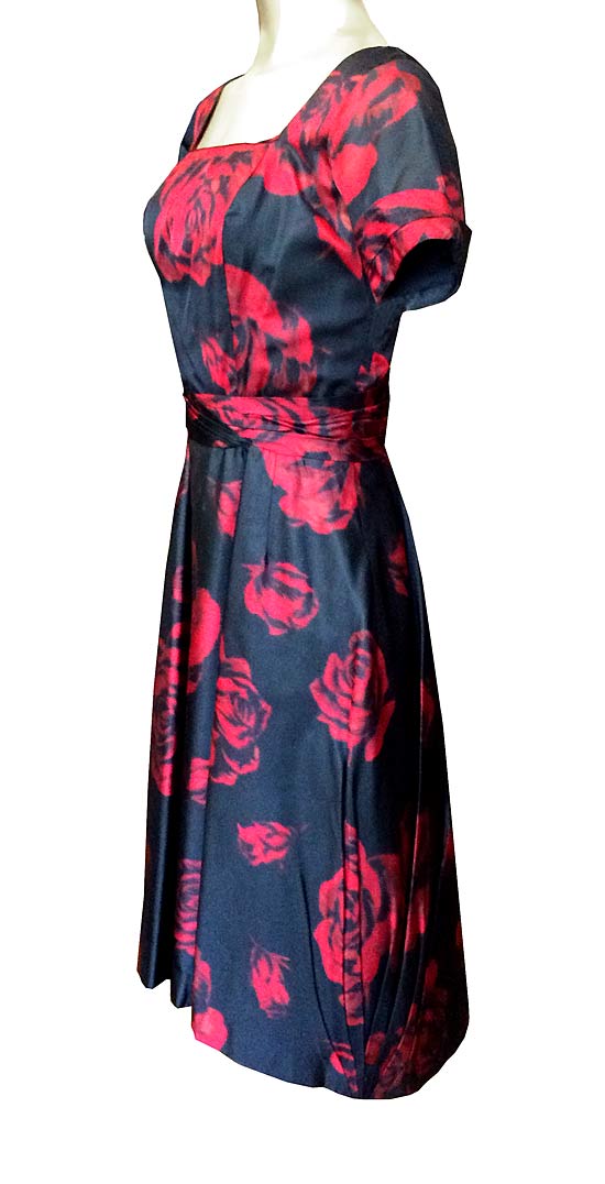 1950s Ceil Chapman Dress Red Roses on Black Silk