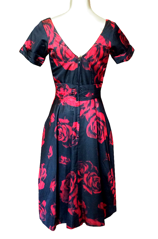 1950s Ceil Chapman Dress Red Roses on Black Silk