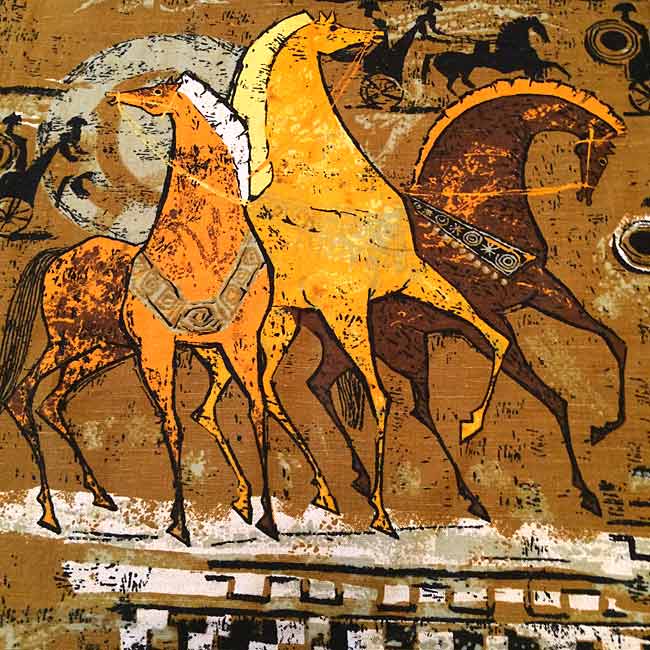 1950s USA Mid Century Etruscan Horse and Chariot Linen Fabric