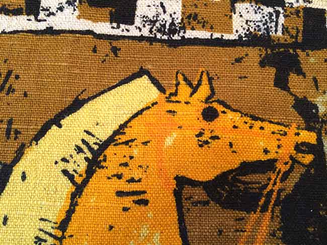 1950s USA Mid Century Etruscan Horse and Chariot Linen Fabric