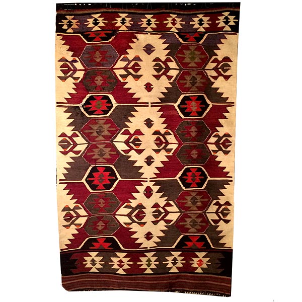 Geometric Semi-Antique Wool Kilim Carpet