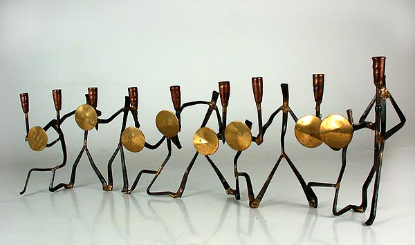 Mid-Century Modern Menorah Candelabra Brass Copper Nails