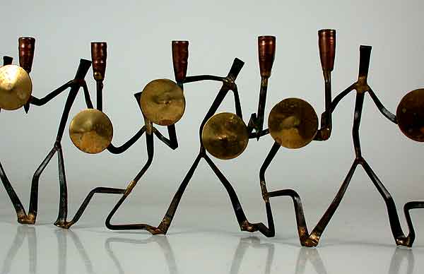 Mid-Century Modern Menorah Candelabra Brass Copper Nails
