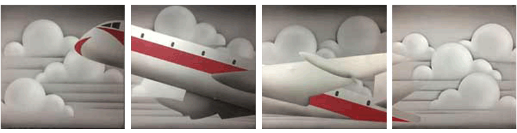 Painting of an Art Deco Airplane in Four Large Panels, 1980s Airbrushed