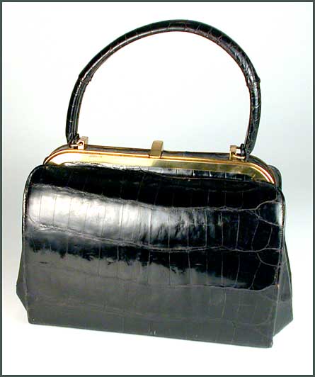 Vintage 1950s Bellestone Black Crocodile Bag Purse