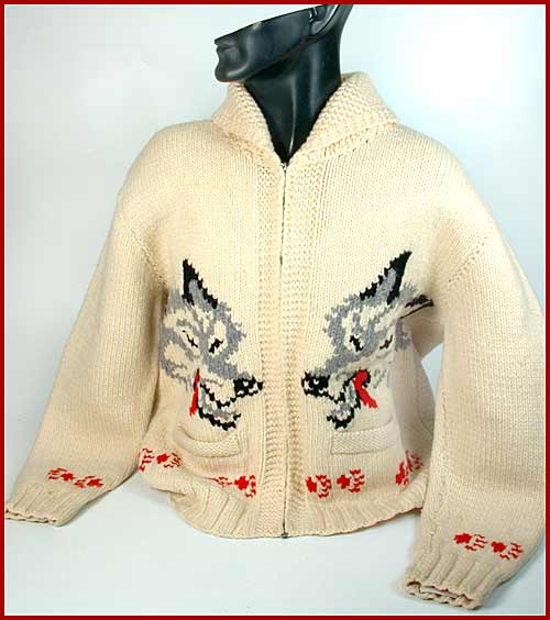 Vintage Knit Cowichan Curling Sweater Jacket Wolf Wolves