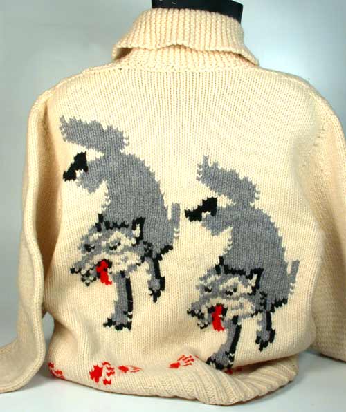 Vintage Knit Cowichan Curling Sweater Jacket Wolf Wolves
