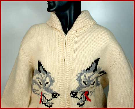 Vintage Knit Cowichan Curling Sweater Jacket Wolf Wolves